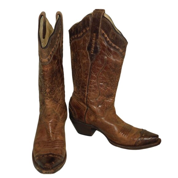Corral Cowgirl Boots A2500 Brown Leather Embroidered Western Snip Toe Size 6M - Picture 1 of 16